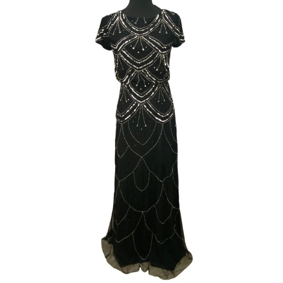 Adrianna Papell Black and Silver Beaded Blouson Formal Gown - Picture 1 of 11